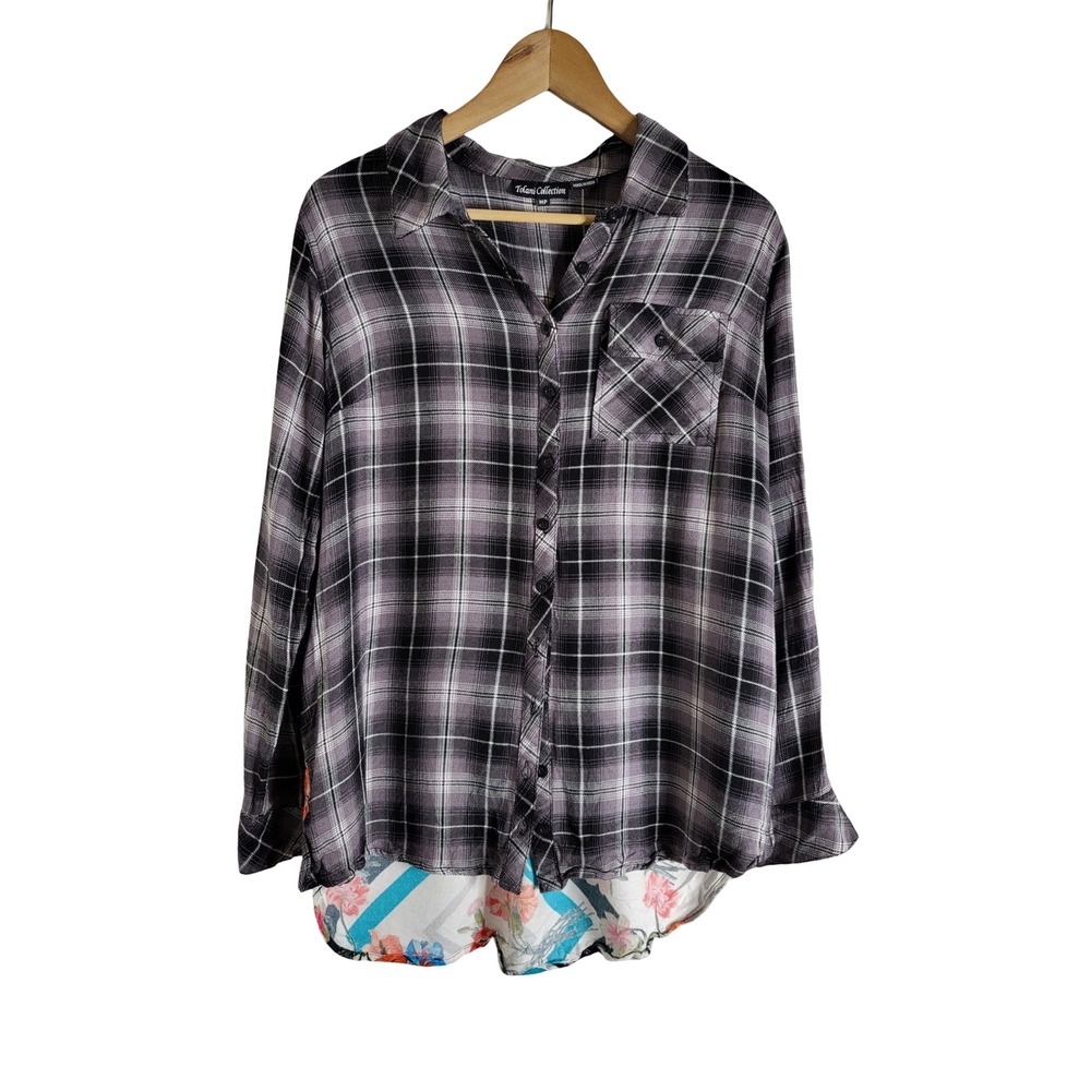 Tolani Collection Plaid Floral Mixed Media Button Down Shirt MP Boho-Grunge